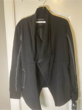 blanc noir Black Draped Open-Front Blazer with White Stitching Accents